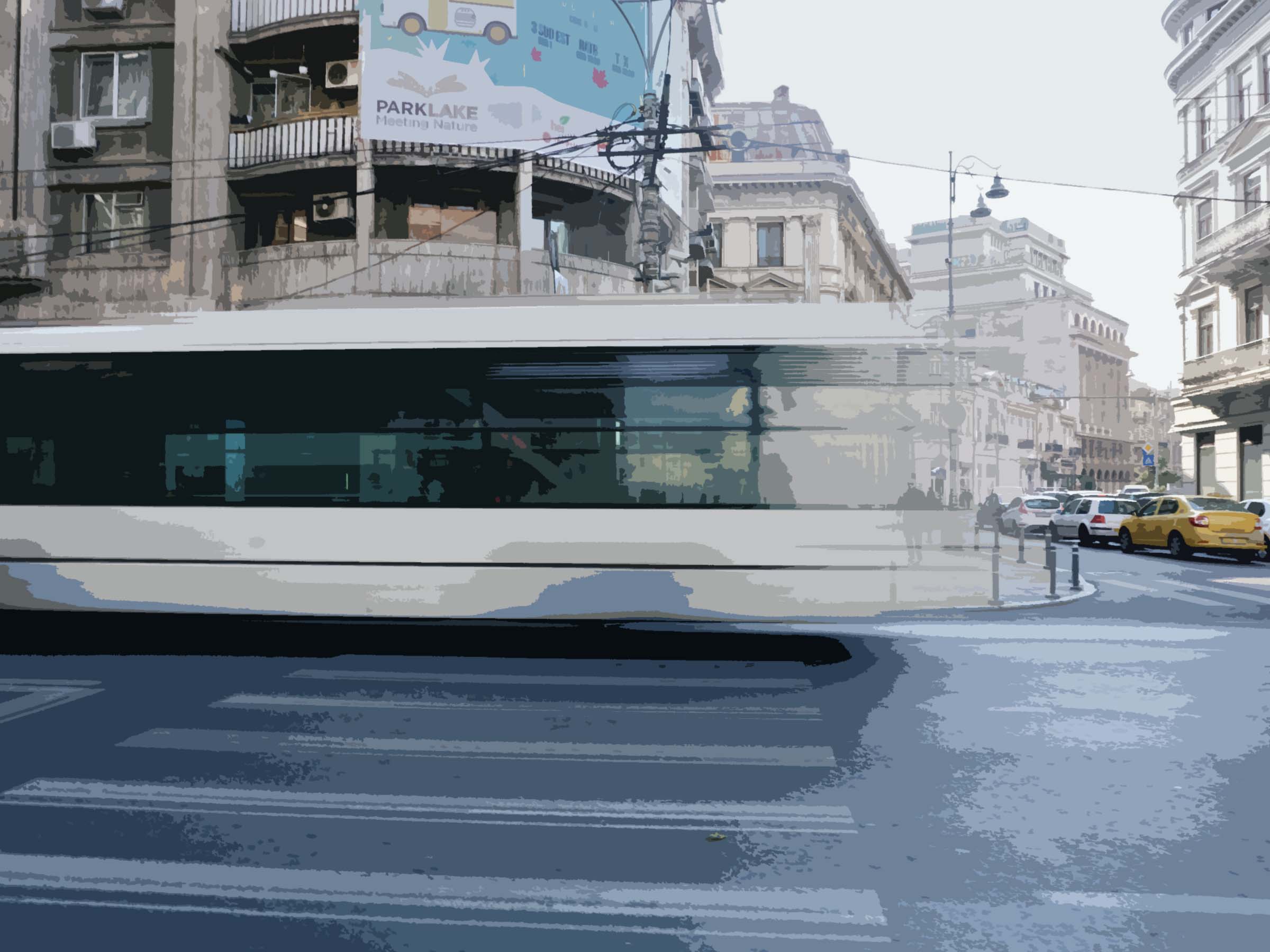 Image of Bucharest, Romania. A large white bus drives past in a whirl and large buildings are in the background. The street in the foreground are empty, and one man looks transparent and diminutive in the background